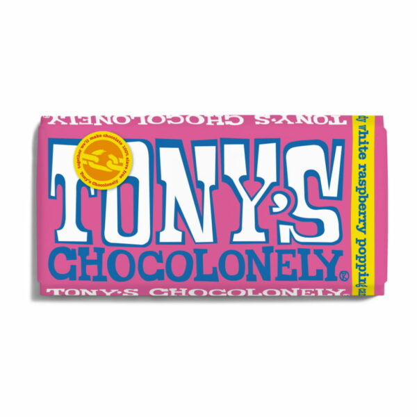 Tony's Chocolonely Cioccolato Bianco con Lamponi e Zucchero Scoppiettante